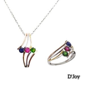 D’Joy Multi Gemstone 3 Stone Ring & Pendant Set YRG Rhodium 925 Size 8. NWOT